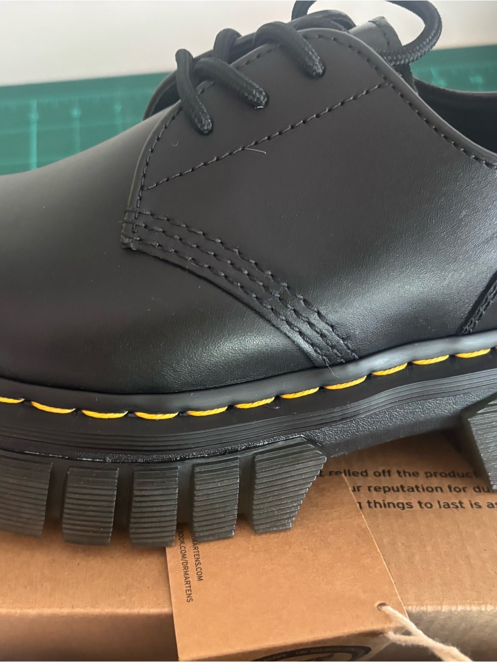 Dr. Martens Black Leather Platform Derby Shoes with Yellow Stitching - Picture 5 of 12
